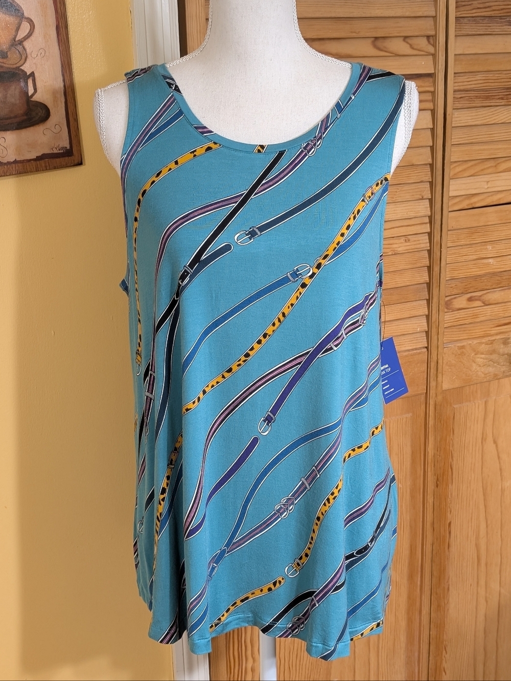 APT. 9 Essential Teal Tank Top with Multicolor Fun Belt Strap Print XL